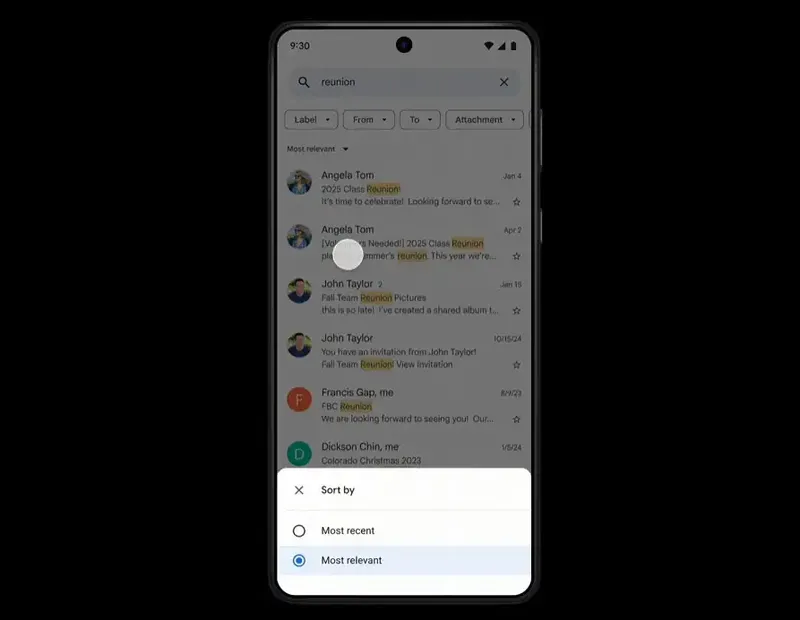 Tampilan hasil pencarian di Gmail berbasis AI