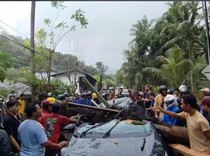Mobil Angkut Turis Asing Tertimpa Pohon Aren di Karangasem
