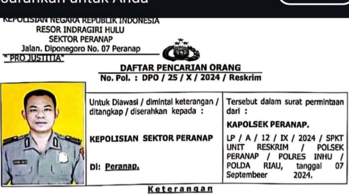 Polisi Inhu terbitkan DPO untuk oknum polisi inisial Bripka KY (Dok. Istimewa)