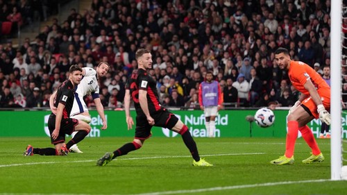 Englands Harry Kane scores their sides second goal of the game during the 2026 FIFA World Cup Qualifying, Group K match at Wembley Stadium, London. Picture date: Friday March 21, 2025. (Photo by Bradley Collyer/PA Images via Getty Images)