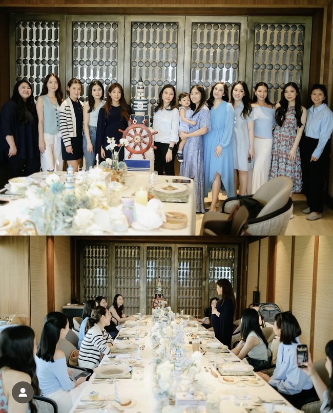Jelang persalinan, Clarissa mendapat kejutan baby shower dari para sahabat. Terlihat para kerabatnya yang hadir kompak mengenakan pakaian berwarna biru, yang melambangkan jenis kelamin calon anak Clarissa. Foto: Instagram/@clarissatanoe