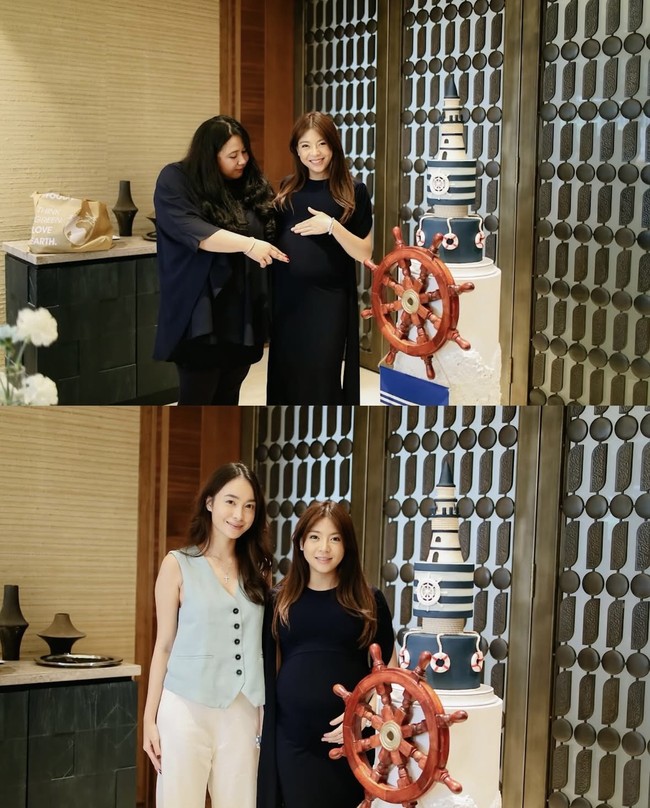 Kue baby shower Clarissa juga tampak unik dengan tema kapal laut yang didominasi warna biru. Terdiri dari beberapa tingkat, tinggi kuenya bahkan melebihi tinggi Clarissa. Foto: Instagram/@clarissatanoe