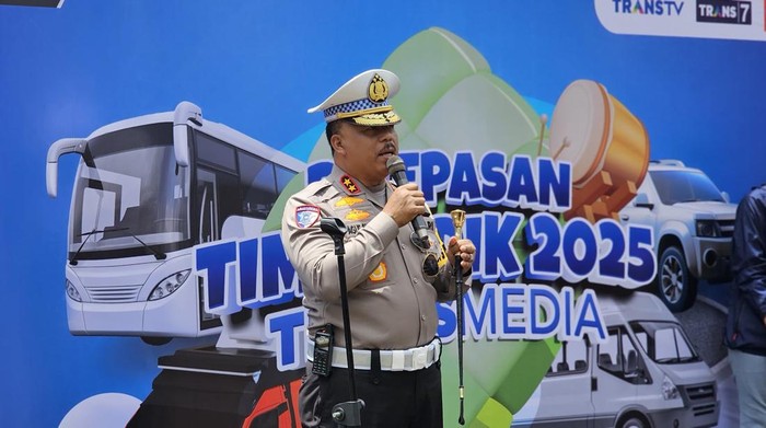 Kakorlantas Irjen Agus saat menghadiri pelepasan Tim Mudik 2025 Transmedia di Gedung Trans Media, Jakarta, Senin (24/3/2025). (Herianto Batubara/detikcom)