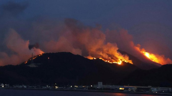 Kebakaran Hutan Terparah di Jepang Masih Membara A forest fire burns in Okayama, western Japan Sunday, March 23, 2025. (Kyodo News via AP)