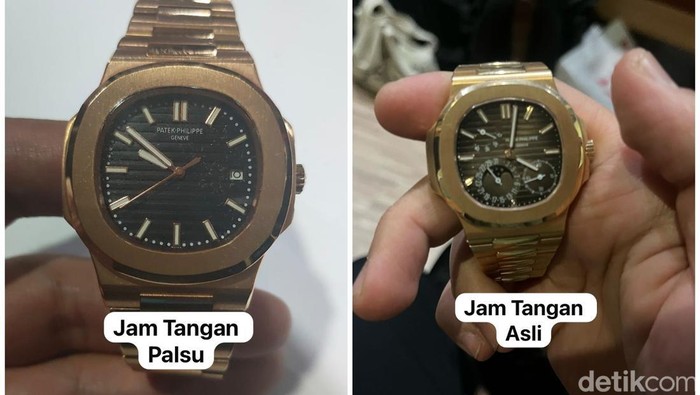 Potret jam tangan Patek Philippe asli (kanan) dan jam KW (kiri) yang ditukar ART pencuri di Jaksel.