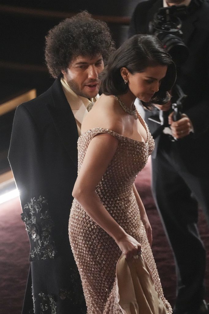 Selena Gomez, left, and Benny Blanco in the audience during the Oscars on Sunday, March 2, 2025, at the Dolby Theatre in Los Angeles. (AP Photo/Chris Pizzello)
