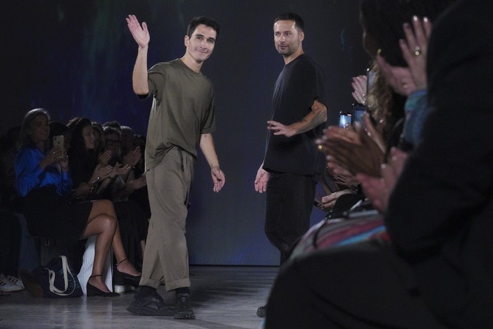 Fashion from Proenza Schouler collection is modeled backstage pre-show, during Fashion Week, Saturday, Sept. 9, 2023, in New York. (AP Photo/Bebeto Matthews)