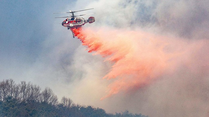 A Korea Forest Service helicopter dumps fire retardant on a wildfire in Uiseong, South Korea, Monday, March 24, 2025. (Yoon Gwan-shick/Yonhap via AP)