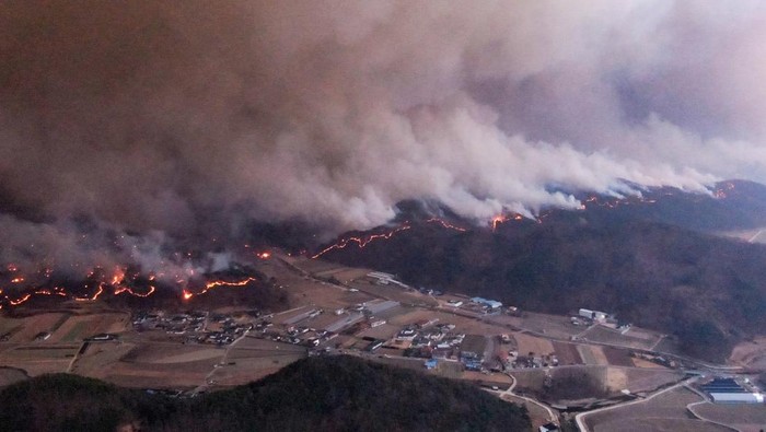 Smoke and flames rise from a wildfire in Andong, South Korea, March 25, 2025. Yonhap via REUTERS   THIS IMAGE HAS BEEN SUPPLIED BY A THIRD PARTY. NO RESALES. NO ARCHIVES. SOUTH KOREA OUT. NO COMMERCIAL OR EDITORIAL SALES IN SOUTH KOREA.