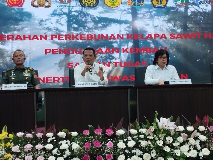 Konferensi pers Satuan Tugas Penertiban Kawasan Hutan (Satgas PKH) (Fawdi/detikcom)