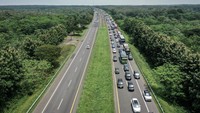 Foto udara sejumlah kendaraan melintas di ruas Tol Cikopo-Palimanan (Cipali), Indramayu, Jawa Barat, Rabu (26/3/2025).