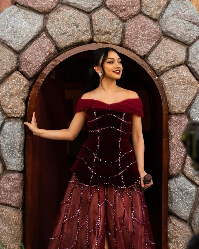 Gaun tampak mewah dari perpaduan bahan beludru, organza dan tulle. Tebaran payet dan kristal menambah kesan megah. Foto: Instagram/@naura.ayu