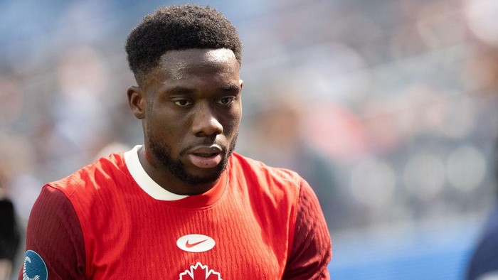 INGLEWOOD, CALIFORNIA - MARCH 23: Alphonso Davies of Canada looks on during the CONCACAF Nations League third-place match between United States and Canada at SoFi Stadium on March 23, 2025 in Inglewood, California. (Photo by Alexis Quiroz/Jam Media/Getty Images)
