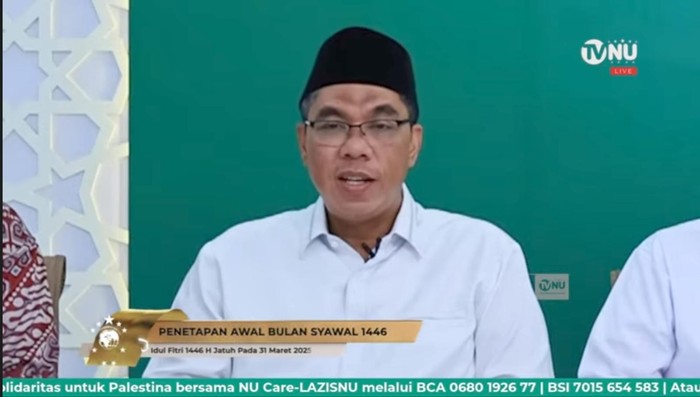 Wakil Ketua Umum PBNU KH Zulfa Mustofa dalam konferensi pers Pemantauan Hilal Ikhbar PBNU 1 Syawal 1446 H, Sabtu (29/3/2025).