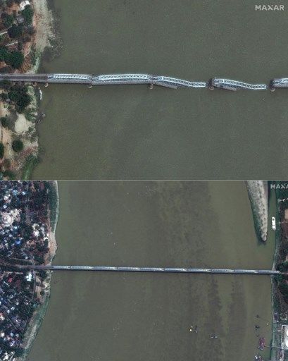 (COMBO) This combination of handout satellite images released by Maxar Technologies on March 29, 2025, show the collapsed Inwa Bridge (top) over the Irrawaddy River near Mandalay, Myanmar after the March 27, 2025, earthquake, and the same bridge on March 23 (bottom). The death toll from the 7.7-magnitude earthquake that hit Myanmar and Thailand passed 1,600 on March 29, as rescuers dug through the rubble of collapsed buildings in a desperate search for survivors. The quake struck northwest of the city of Sagaing in central Myanmar early in the afternoon of March 27, followed minutes later by a 6.7-magnitude aftershock. (Photo by Handout / Satellite image 2025 Maxar Technologies / AFP) / RESTRICTED TO EDITORIAL USE - MANDATORY CREDIT 