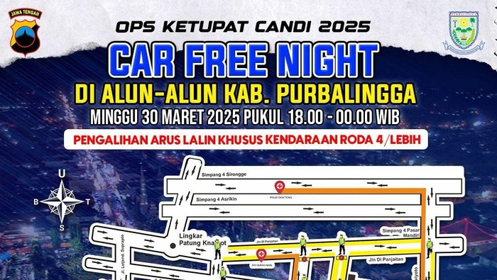 Rekayasa lalu lintas yang diberlakukan pada saat Car Free Night dalam rangka perayaan malam Idul Fitri di Alun-alun Purbalingga, Sabtu (30/3/2025).