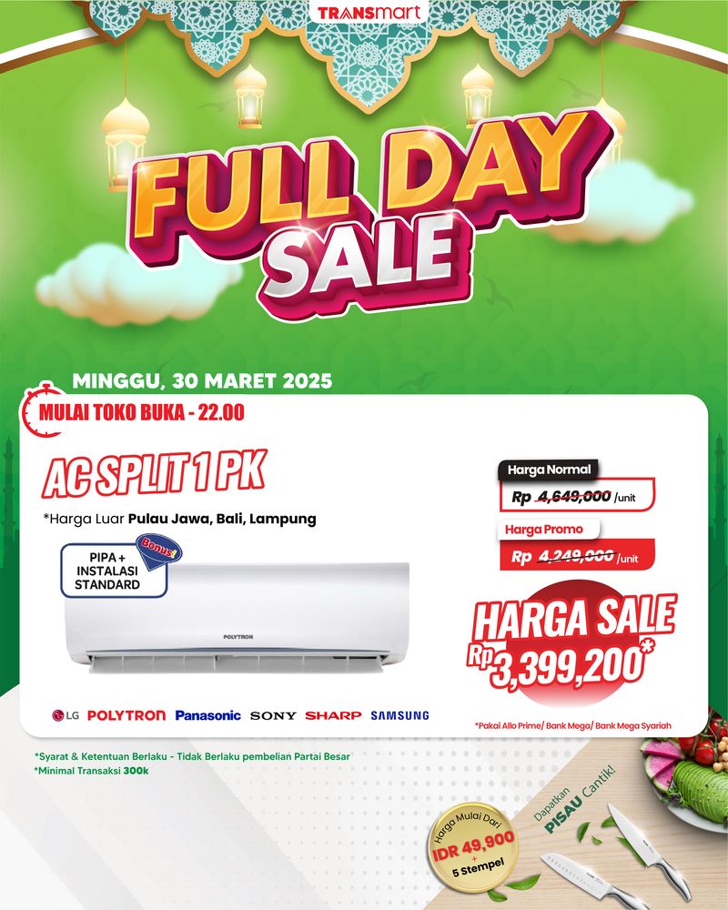 AC Split 1 PK dengan harga diskon tersedia di Full Day Sale Transmart