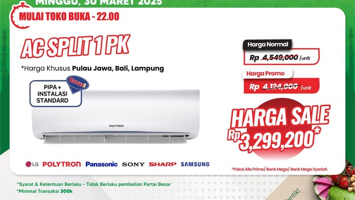 AC Split 1 PK dengan harga diskon tersedia di Full Day Sale Transmart