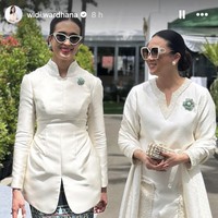 Sebagai sentuhan akhir, ia memadukannya dengan pointy heels dan kacamata putih bergaya cat-eye ketika berada di luar ruangan. (Foto: Instagram/@widi.wardhana)