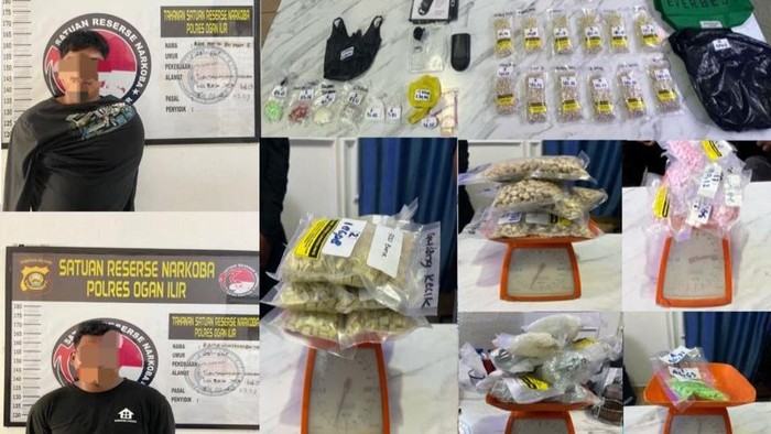 Pelaku perantara narkoba dan barang bukti yang disita polisi.
