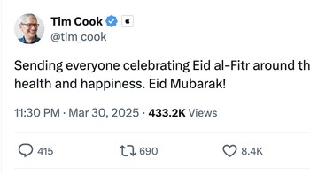 Mengirimkan ucapan selamat dan kebahagiaan kepada semua yang merayakan Idul Fitri di seluruh dunia. Eid Mubarak! tulis CEO Apple, Tim Cook. Foto: X.com