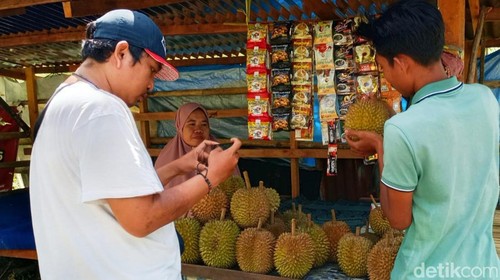 Jual beli durian di pinggir jalan Pesugulan menuju wisata Sembalun, Lombok Timur NTB, Rabu (2/4/2025).