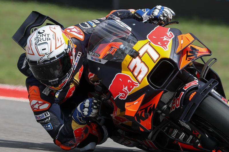 AUSTIN, TX - MARCH 29: Pedro Acosta (37) of Spain and Red Bull KTM Factory Racing enters turn 16 during Free Practice 2 of the MotoGP Red Bull Grand Prix of the Americas on March 29, 2025, at Circuit of The Americas in Austin, Texas.  (Photo by David Buono/Icon Sportswire via Getty Images)