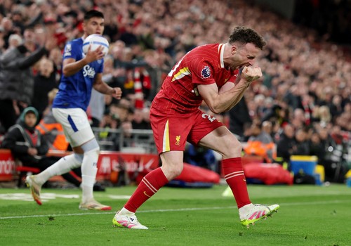 Soccer Football - Premier League - Liverpool v Everton - Anfield, Liverpool, Britain - April 2, 2025 Liverpools Diogo Jota reacts REUTERS/Phil Noble EDITORIAL USE ONLY. NO USE WITH UNAUTHORIZED AUDIO, VIDEO, DATA, FIXTURE LISTS, CLUB/LEAGUE LOGOS OR LIVE SERVICES. ONLINE IN-MATCH USE LIMITED TO 120 IMAGES, NO VIDEO EMULATION. NO USE IN BETTING, GAMES OR SINGLE CLUB/LEAGUE/PLAYER PUBLICATIONS. PLEASE CONTACT YOUR ACCOUNT REPRESENTATIVE FOR FURTHER DETAILS..