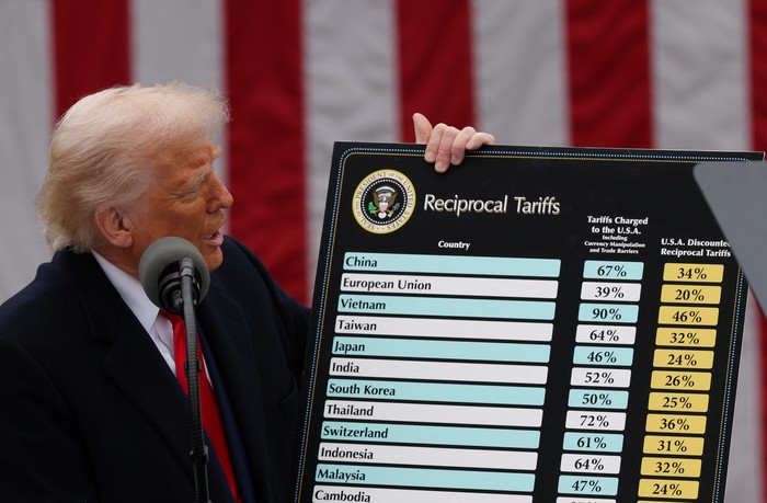 U.S. President Donald Trump delivers remarks on tariffs in the Rose Garden at the White House in Washington, D.C., U.S., April 2, 2025. REUTERS/Carlos Barria