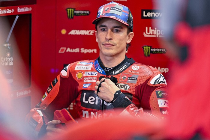 Mar 30, 2025; Austin, TX, USA; Marc Marquez (93) of Spain and Ducati Lenovo Team looks on before the start of the 2025 Grand Prix of the Americas at Circuit of The Americas. Mandatory Credit: Jerome Miron-Imagn Images