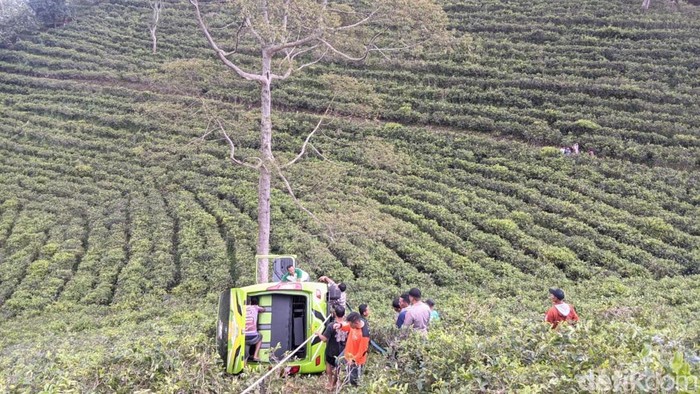 Elf wisatawan asal Gresik kecelakaan di kebun teh Karanganyar, Jumat (4/4/2025).