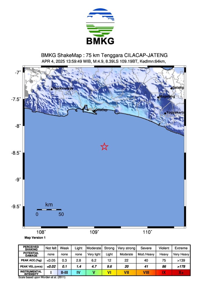 Gempa bumi magnitudo (M) 5 terjadi di Cilacap. Getaran gempa dirasakan di Bantul dan Kebumen hingga Pacitan, Jawa Timur (Jatim). (dok BMKG)