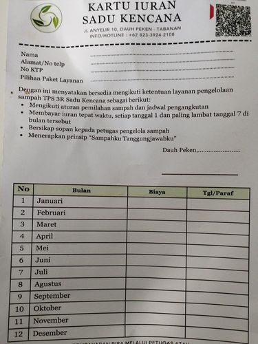 Kartu iuran sampah TPS3R Sadu Kencana. Pelanggan sampah bisa membayar iuran secara nontunai.