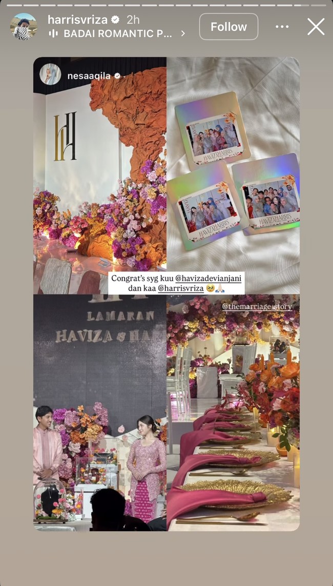 Senada dengan pakaian Harris dan Haviza, dekorasi di acara lamaran tersebut juga tampak dipenuhi dengan bunga-bunga yang didominasi warna pink. Foto: Instagram/@harrisvriza