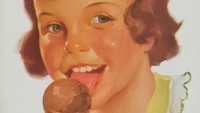 Iklan es krim di tahun 1900an begitu sederhana dan lugas. Hanya ada anak perempuan yang menikmati es krim dengan tulisan Ini enak! namun tetap tampak menggiurkan. Foto: Delish
