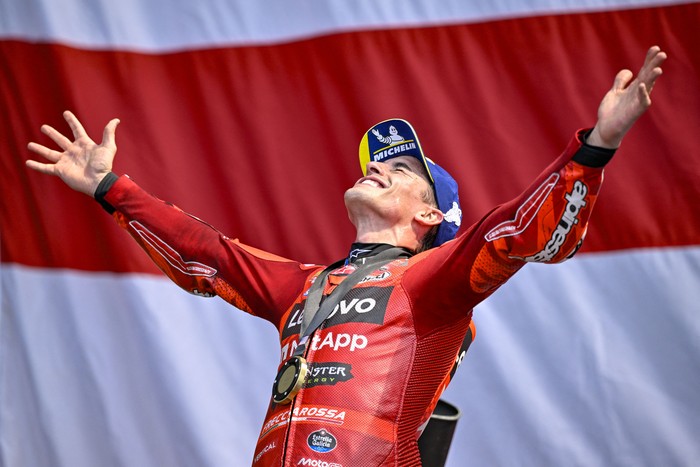 Mar 29, 2025; Austin, TX, USA; Marc Marquez (93) of Spain and Ducati Lenovo Team celebrates after he finishes in first place in the sprint race before the 2025 MotoGP Grand Prix of the Americas at Circuit of The Americas. Mandatory Credit: Jerome Miron-Imagn Images