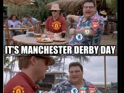 Meme ini sampai bilang tidak ada yang peduli dengan Derby Manchester kali ini. Foto: dok. Internet/X (Twitter)
