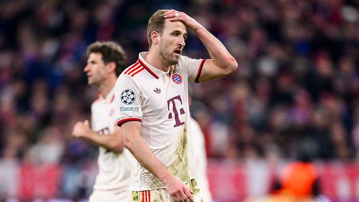 08 April 2025, Bavaria, Munich: Soccer: Champions League, Bayern Munich - Inter Milan, knockout round, quarter-finals, first leg, Allianz Arena. Munichs Harry Kane reacts dissatisfied. Photo: Tom Weller/dpa (Photo by Tom Weller/picture alliance via Getty Images)