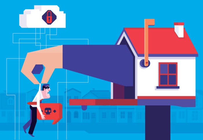 vector illustration of big hand holding businessman scammer on house mailbox