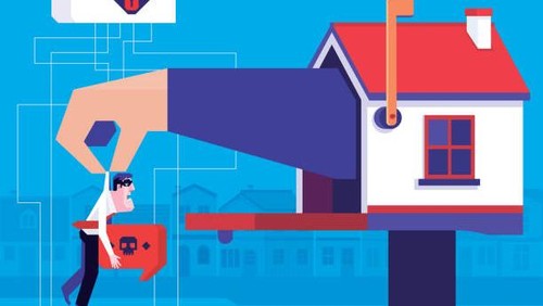 vector illustration of big hand holding businessman scammer on house mailbox