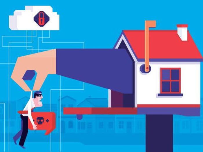 vector illustration of big hand holding businessman scammer on house mailbox