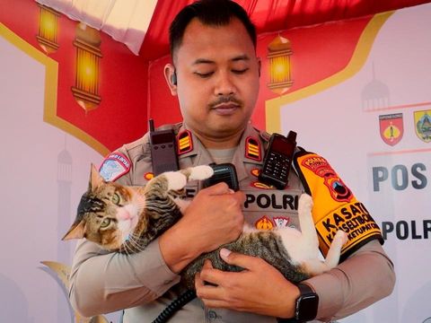Kasat Lantas Polres Pemalang AKP Arief Wiranto mengamankan kucing milik pemudik di Pos Pelayanan Operasi Ketupat Candi 2025 Rest Area 319B Pemalang, Selasa (8/4/2025).