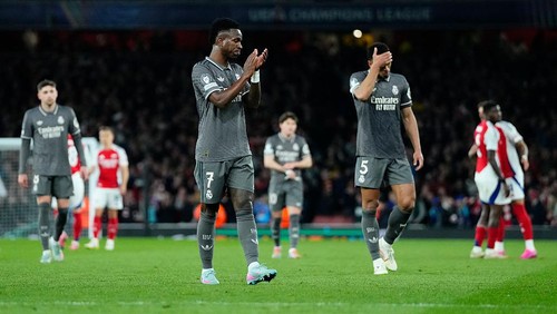Vinicius Junior left winger of Real Madrid and Brazil after losing the UEFA Champions League 2024/25 Quarter Final First Leg match between Arsenal FC and Real Madrid C.F. at Arsenal Stadium on April 8, 2025 in London, England.  (Photo by Jose Breton/Pics Action/NurPhoto via Getty Images)