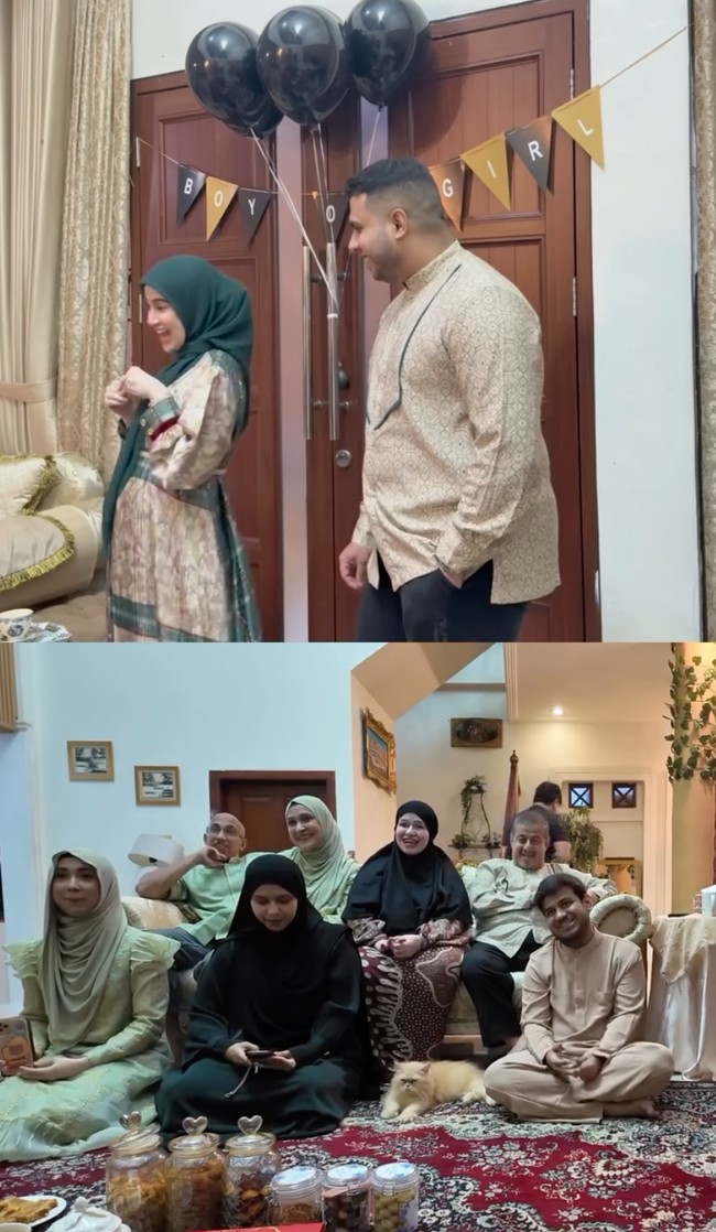 Kedua orangtua Miskah dan Yislam, serta saudara mereka tampak duduk menyimak. Terlihat anggota keluarga yang begitu antusias dan sudah tak sabar untuk mengetahui jenis kelamin bayi yang dikandung Miskah. Foto: Instagram/@miskahshf