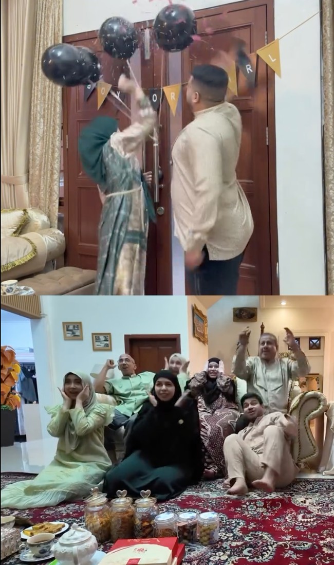 Setelah mengungkapkan beragam doa dan harapannya untuk calon bayi di perut Miskah, Miskah dan Yislam pun memecahkan balon hitam yang sudah dipesan khusus. Terlihat bahwa balon tersebut berisi warna pink yang menandakan bahwa bayi yang sedang dikandung Miskah berjenis kelamin perempuan. Foto: Instagram/@miskahshf