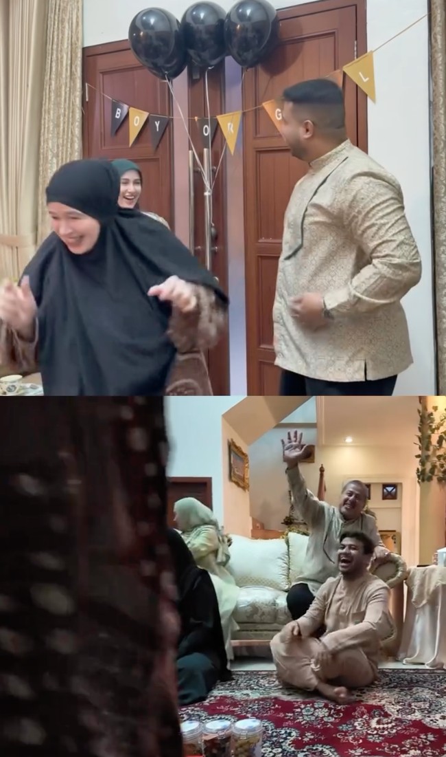 Ibunda Yislam pun langsung melompat dan berjoget kegirangan karena ternyata tebakannya benar. Terlihat jelas bahwa ibunda Yislam itu sudah tak sabar menantikan kehadiran cucu perempuannya. Foto: Instagram/@miskahshf