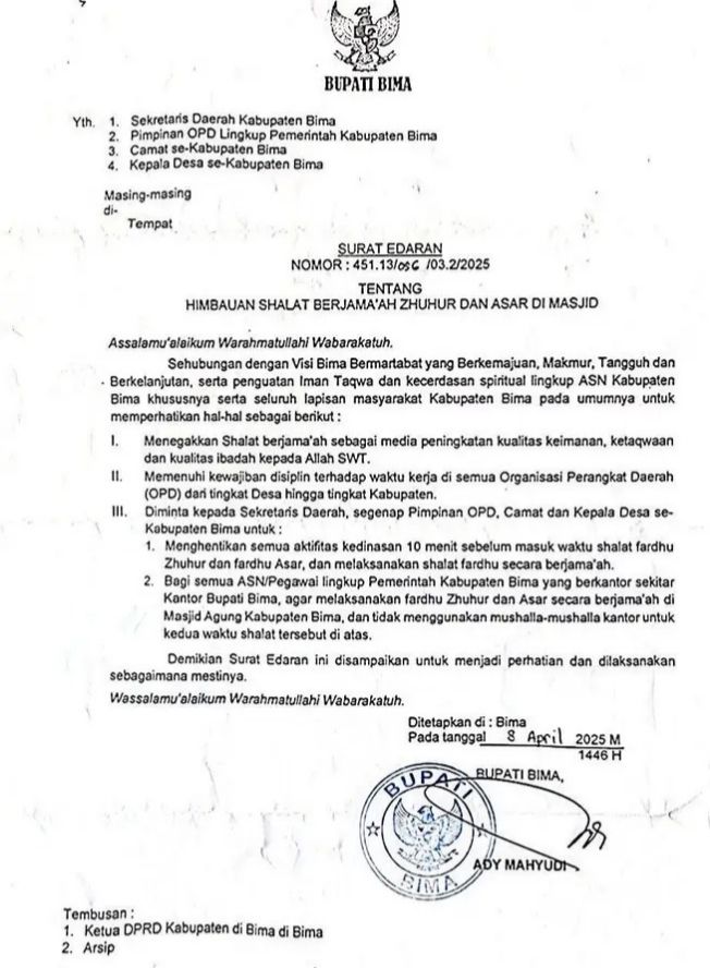 Surat edaran (SE) tentang imbauan salat berjamaah Dzuhur dan Ashar di masjid yang dikeluarkan Bupati Bima, Ady Mahyudi. (istimewa)