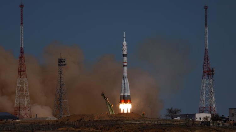 An official logo of the upcoming 80th anniversary of the victory over Nazi Germany in World War Two is seen on the Soyuz MS-27 spacecraft carrying the crew formed of NASA astronaut Jonny Kim, Roscosmos cosmonauts Sergey Ryzhikov and Alexey Zubritskiy as it blasts off to the International Space Station (ISS) from the launchpad at the Baikonur Cosmodrome, Kazakhstan, April 8, 2025. REUTERS/Maxim Shemetov