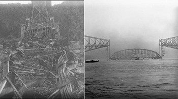 Runtuhnya Jembatan Quebec di Kanada merupakan jembatan kantilever terbesar yang pernah ada di dunia. Jembatan ini runtuh dua kali, pertama pada tahun 1907 dan kedua pada tahun 1916. Bencana ini dilaporkan menewaskan 88-89 pekerja. Total biaya kerusakan dari kedua bencana tersebut diperkirakan mencapai USD 22 juta. Insiden tersebut menunjukkan kepada manusia dampak buruk dari kegagalan rekayasa dan pengawasan yang tidak tepat. Foto: Unbelievable Facts