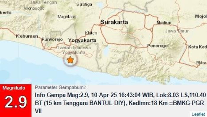 Gempa bumi M 2,9 di Bantul pukul 16.43 WIB, Kamis (10/4/2025).